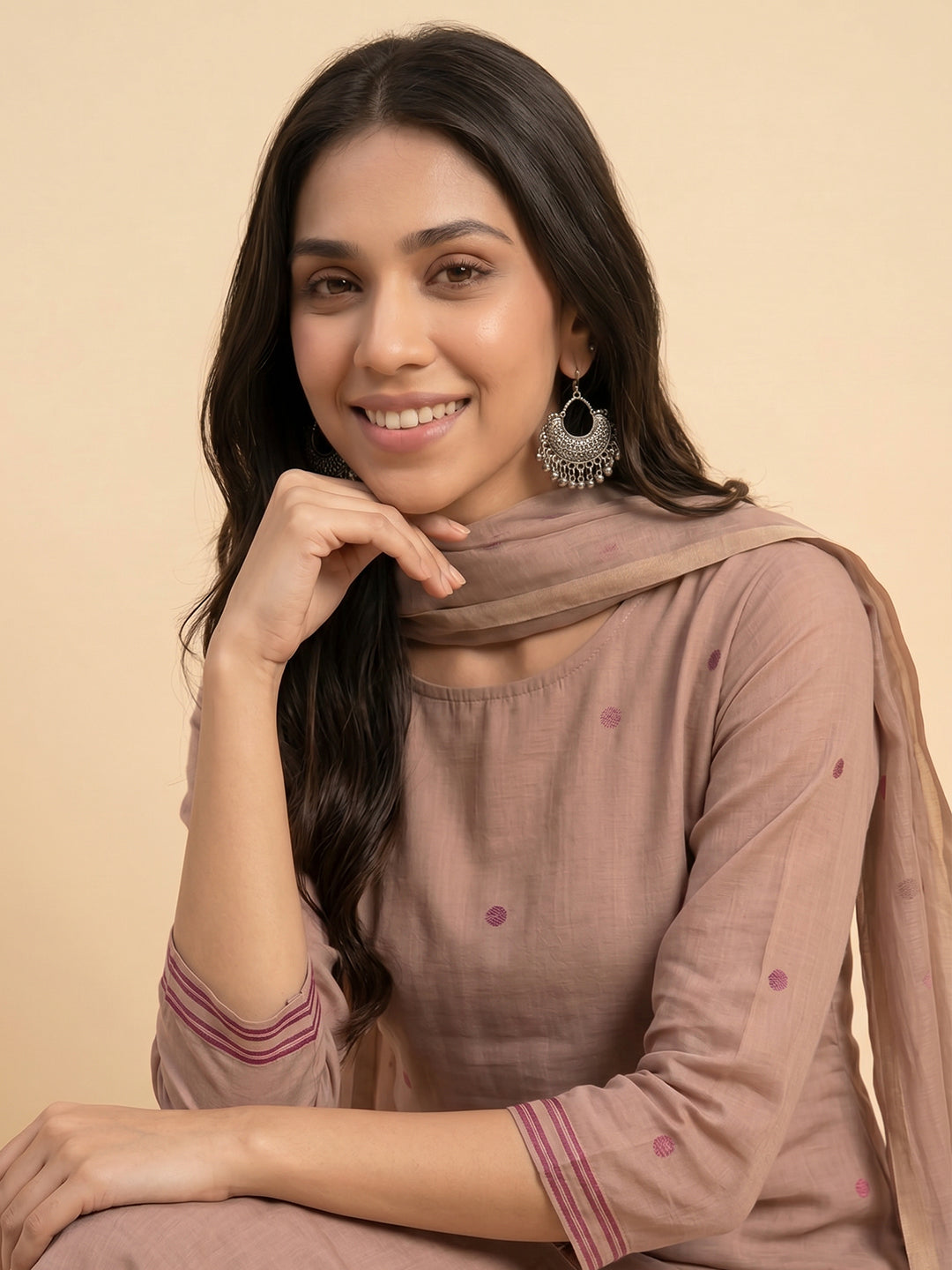 Janasya Dusky Pink Straight Chanderi Cotton Kurta,Bottom & Dupatta | Grocsy