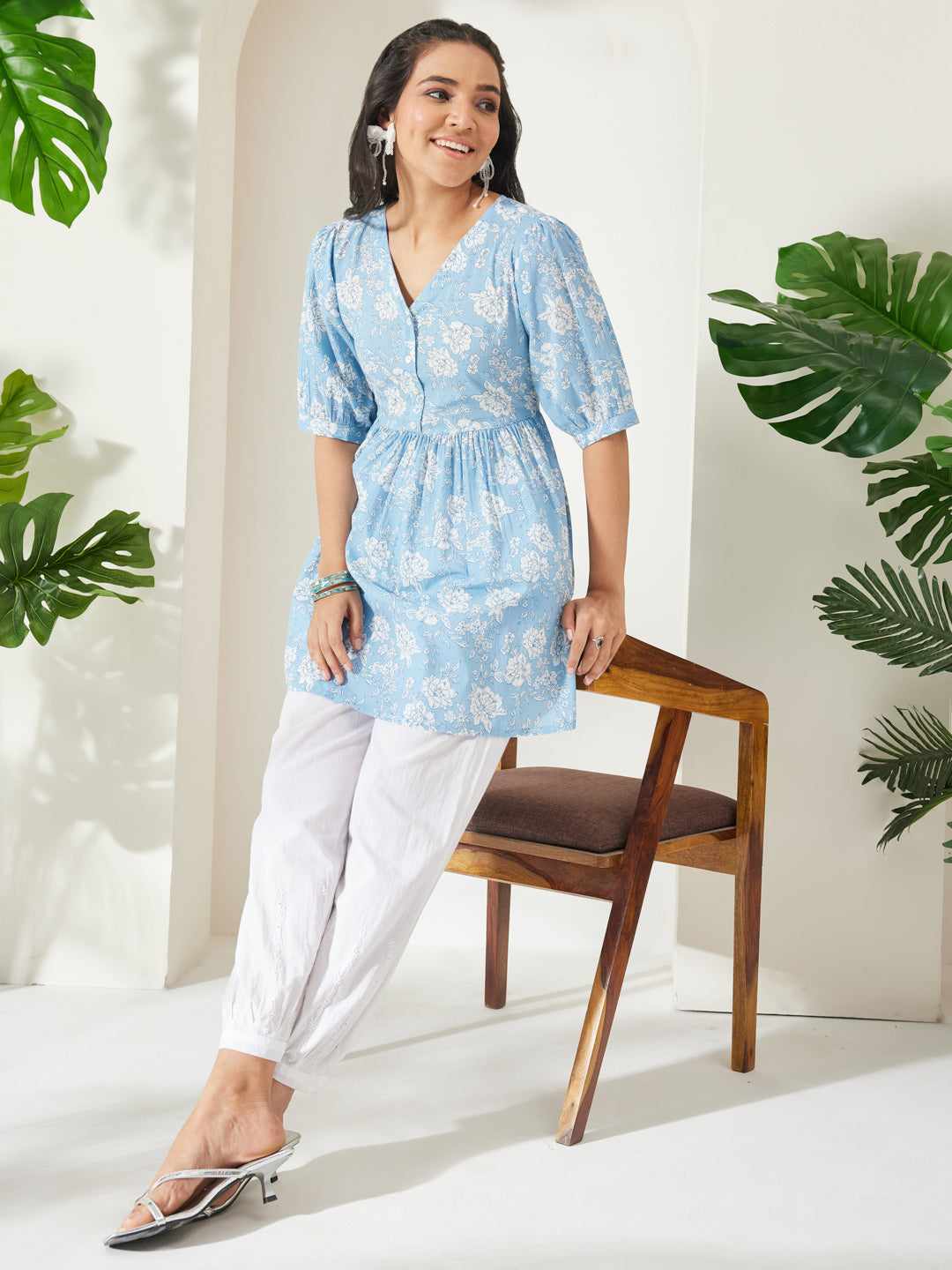 Janasya Powder Blue Peplum Cotton Top | Grocsy