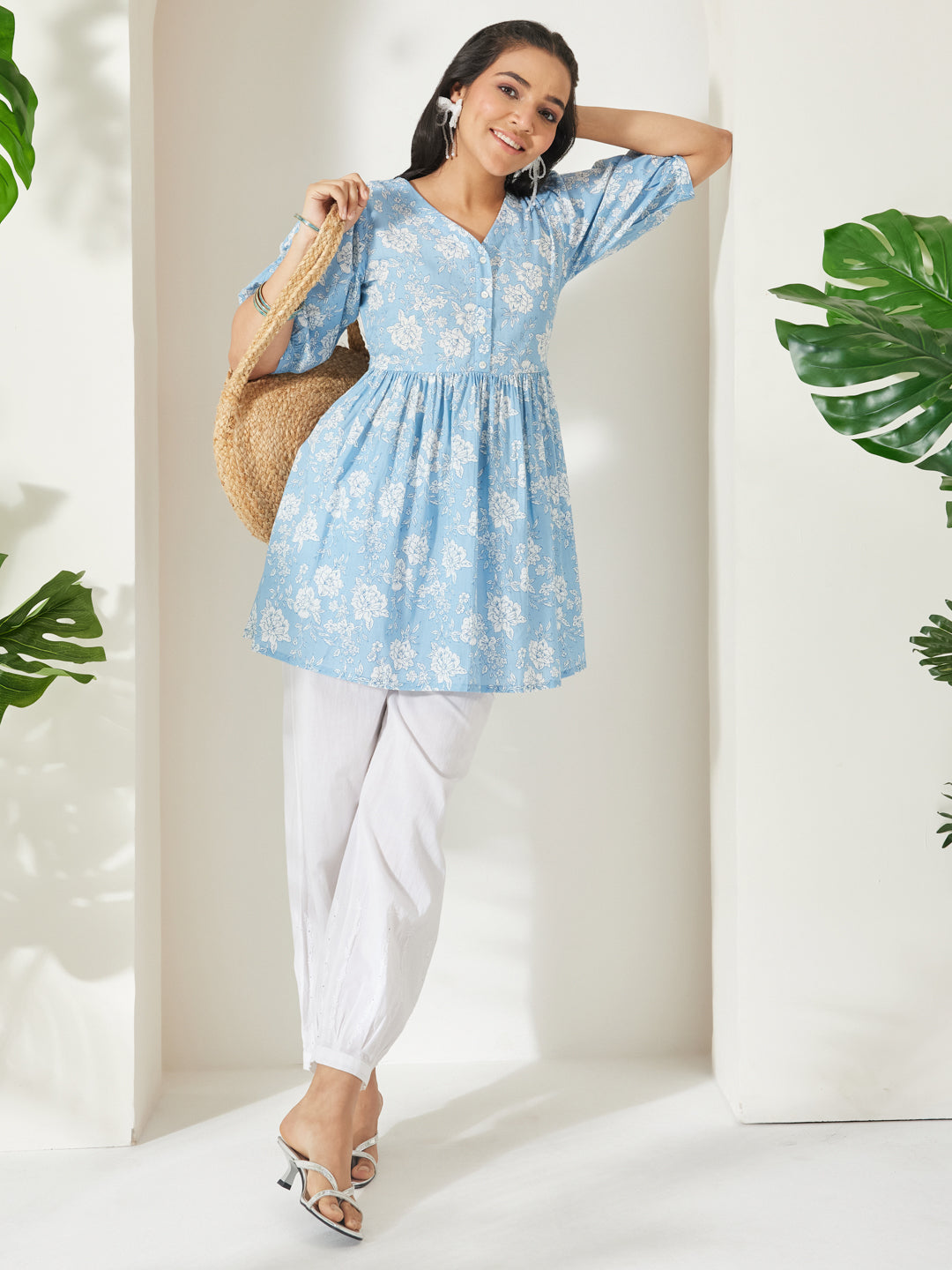 Janasya Powder Blue Peplum Cotton Top | Grocsy