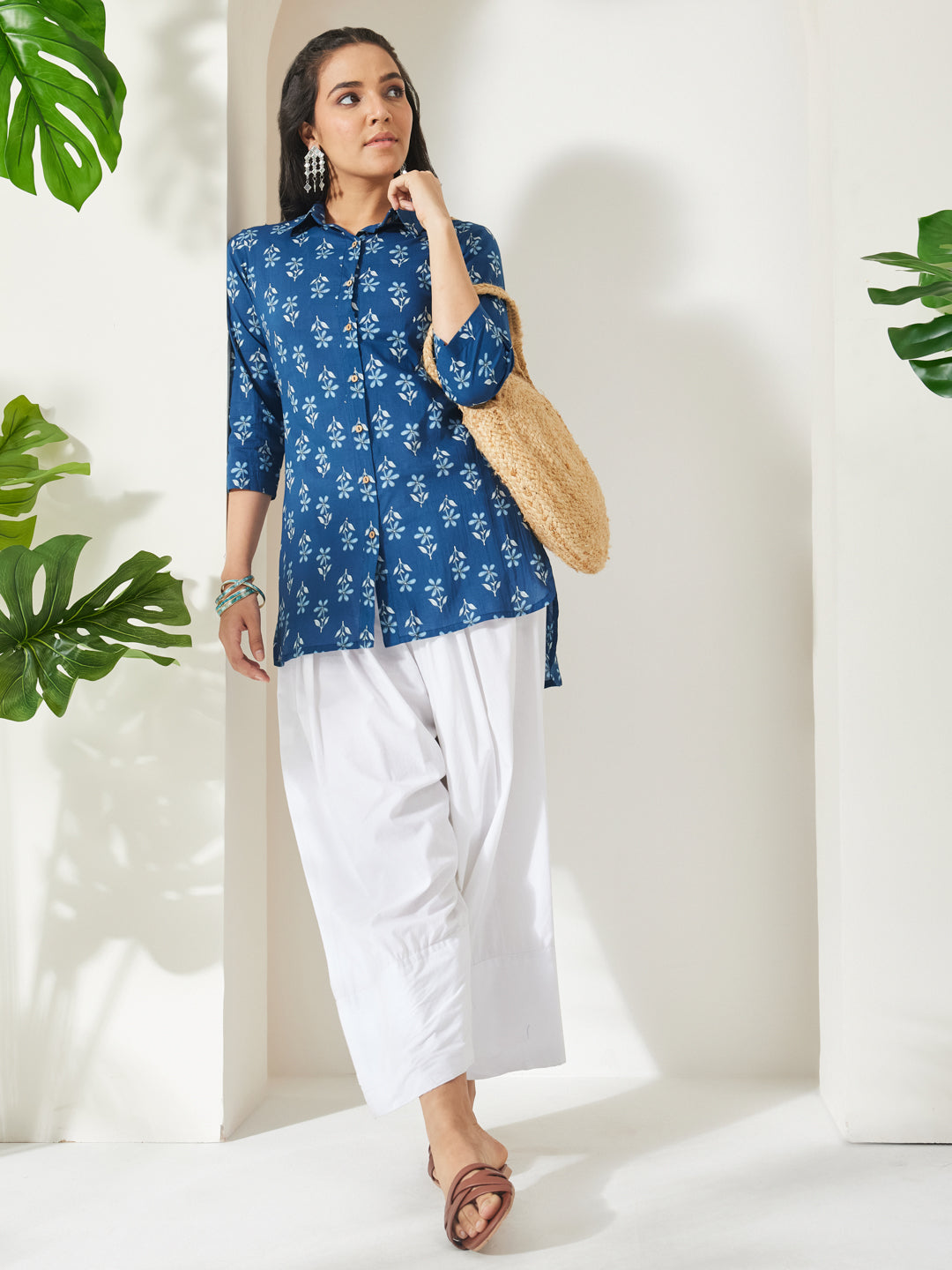 Janasya Indigo Shirt Cotton Top | Grocsy