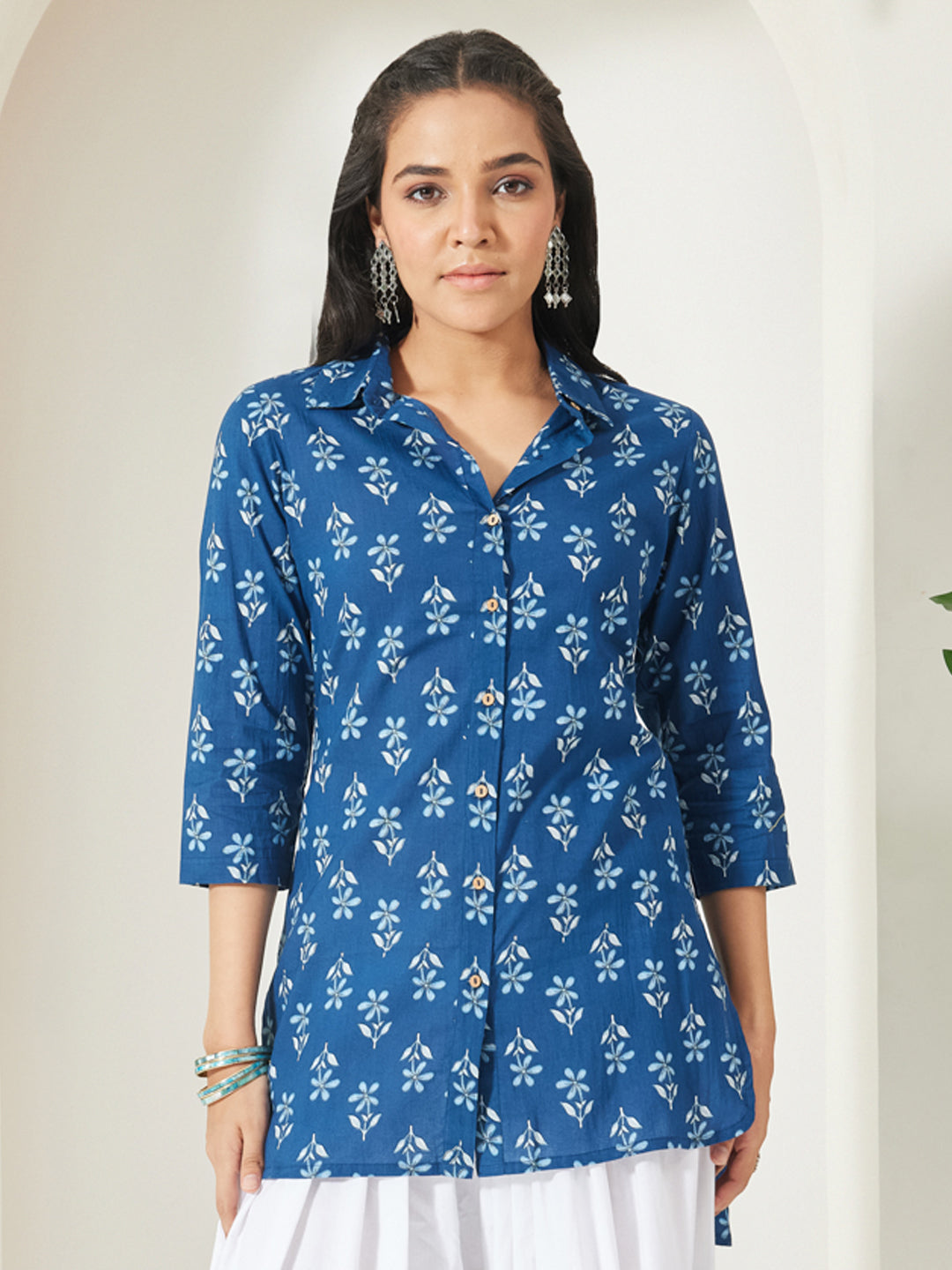 Janasya Indigo Shirt Cotton Top | Grocsy