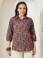 Janasya Rust Straight Cotton Top | Grocsy