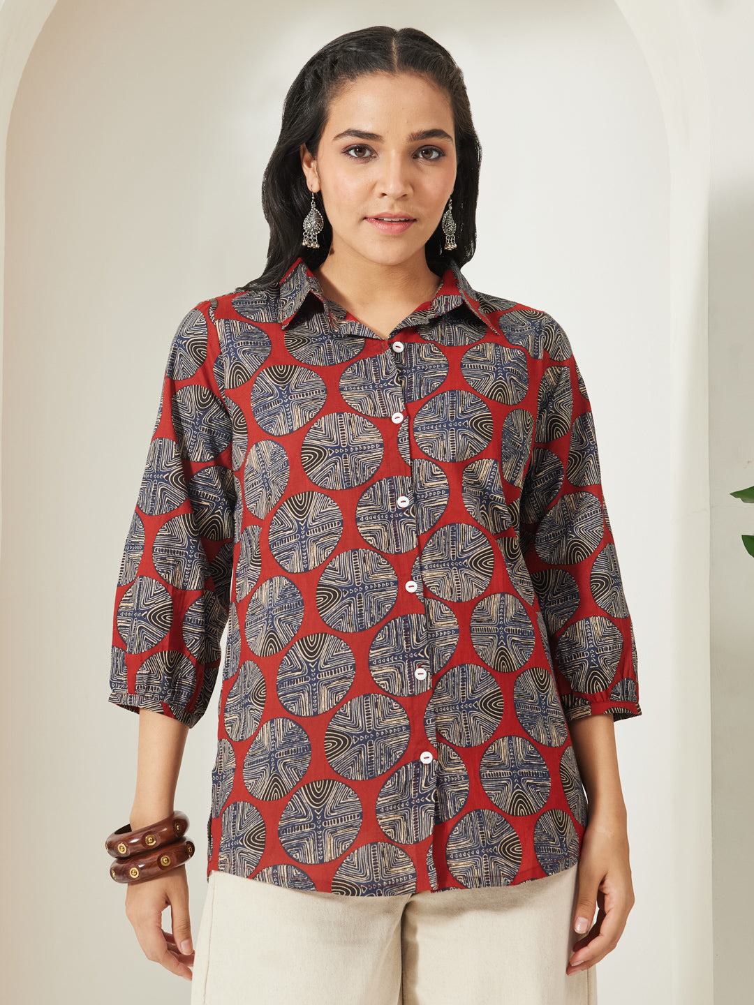 Janasya Rust Straight Cotton Top | Grocsy