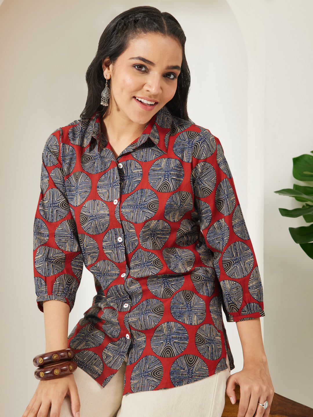 Janasya Rust Straight Cotton Top | Grocsy