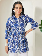 Janasya Blue Gathered Cotton Top | Grocsy