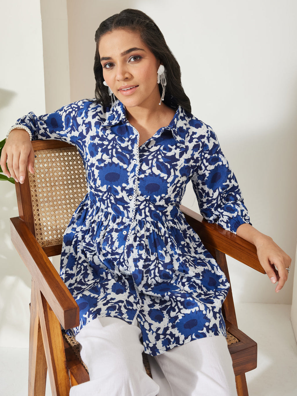 Janasya Blue Gathered Cotton Top | Grocsy