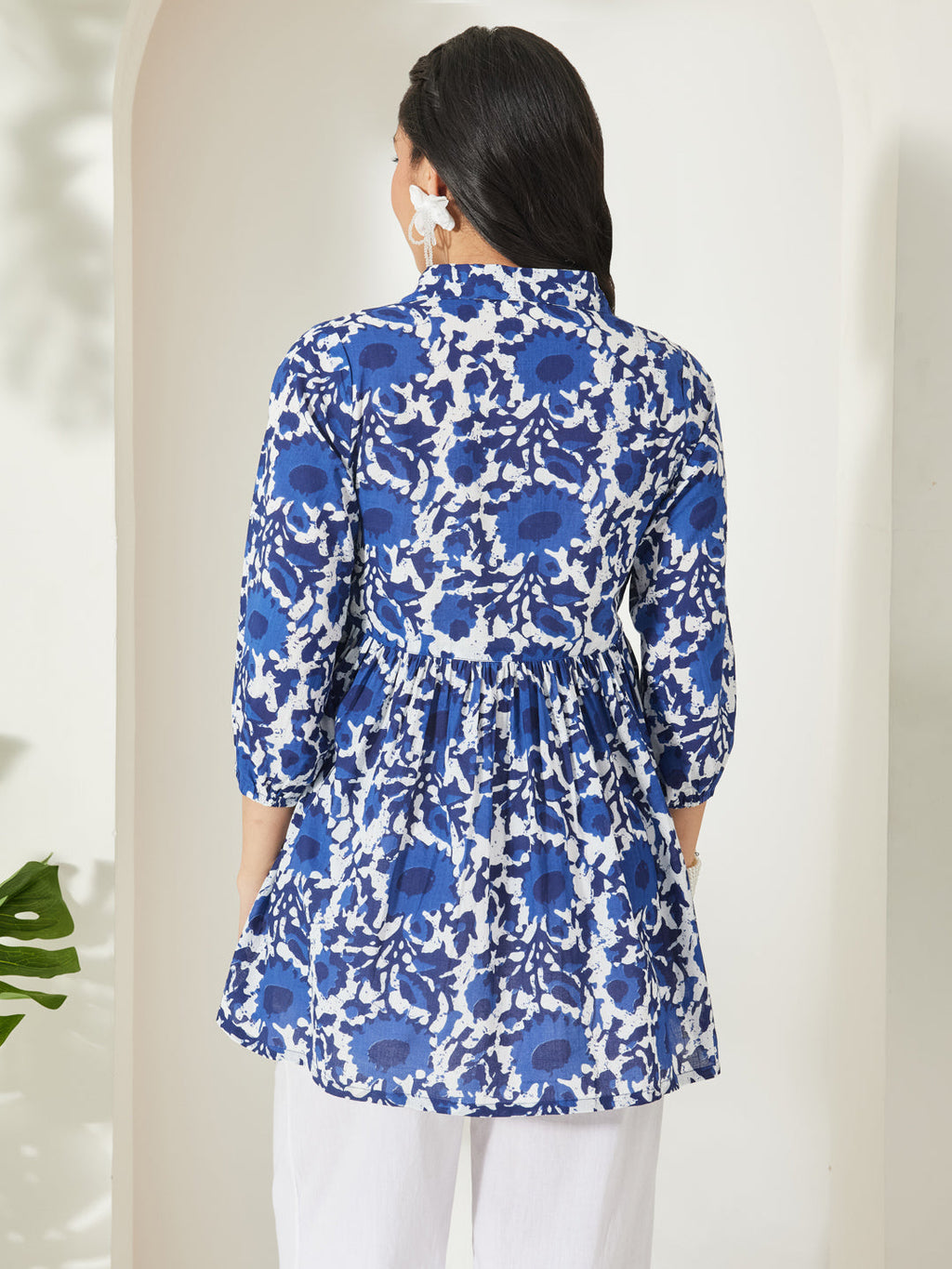 Janasya Blue Gathered Cotton Top | Grocsy
