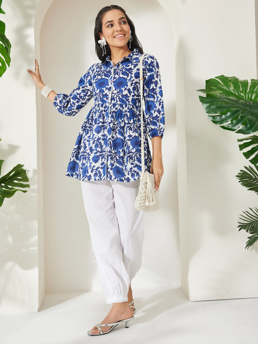 Janasya Blue Gathered Cotton Top | Grocsy