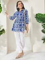 Janasya Blue Gathered Cotton Top | Grocsy
