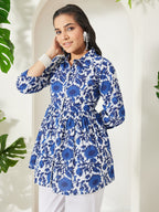 Janasya Blue Gathered Cotton Top | Grocsy