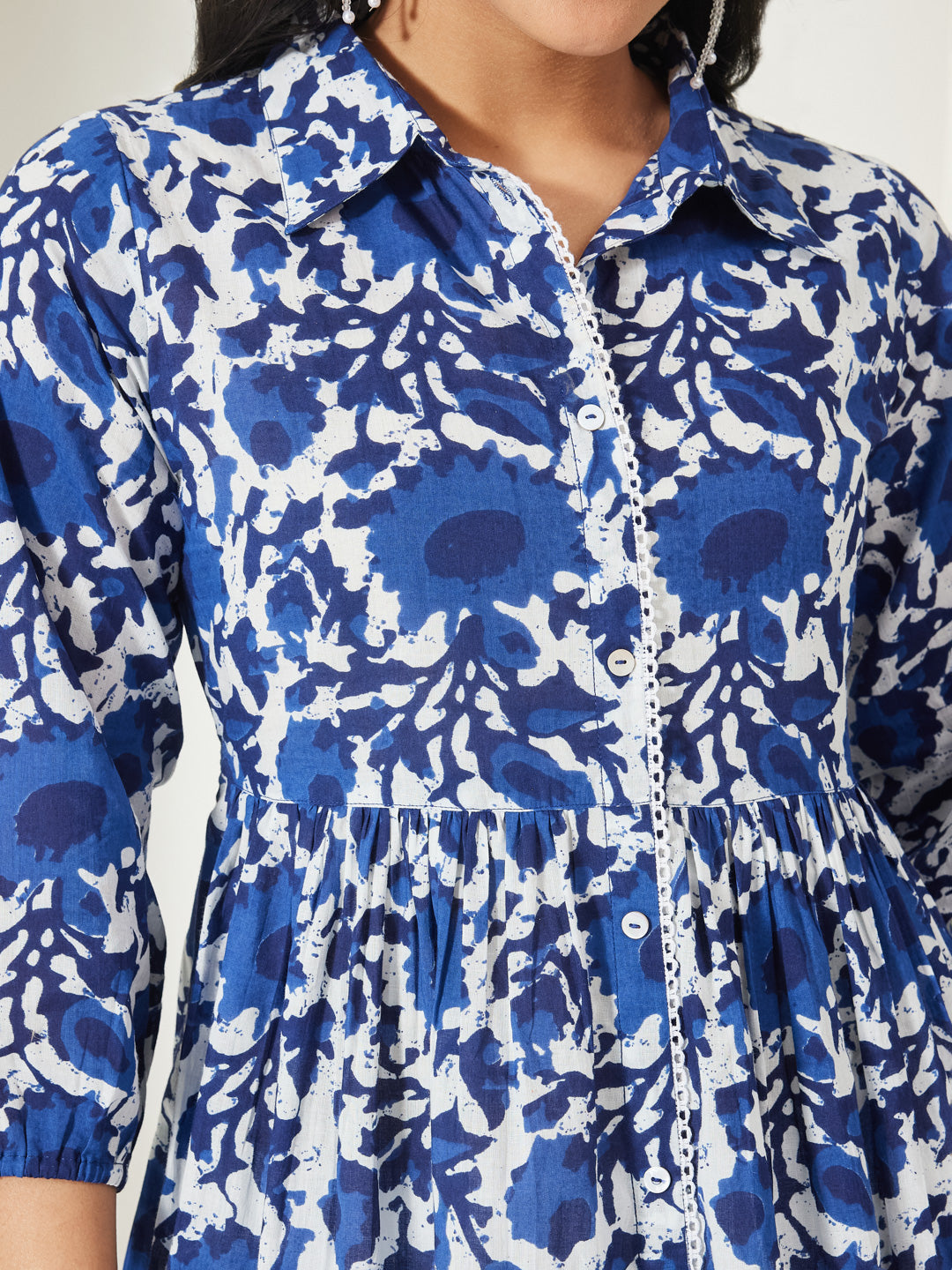 Janasya Blue Gathered Cotton Top | Grocsy