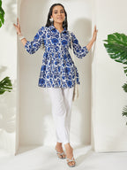 Janasya Blue Gathered Cotton Top | Grocsy