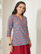Janasya Blue A-Line Cotton Top | Grocsy