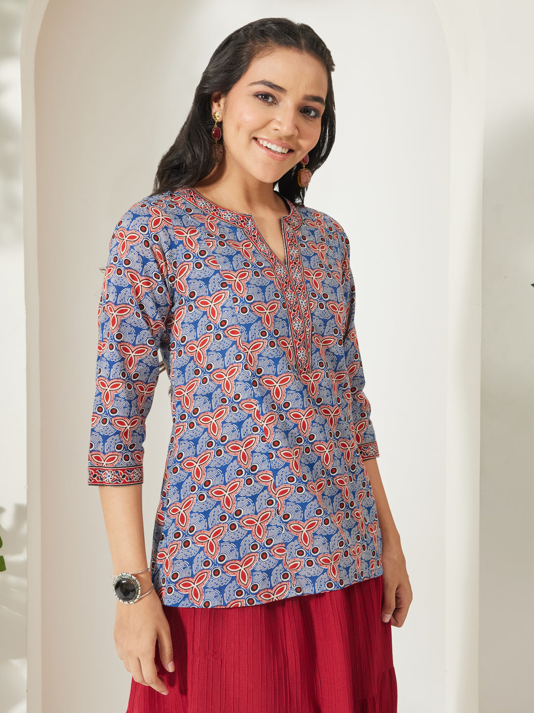 Janasya Blue A-Line Cotton Top | Grocsy