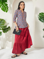 Janasya Blue A-Line Cotton Top | Grocsy