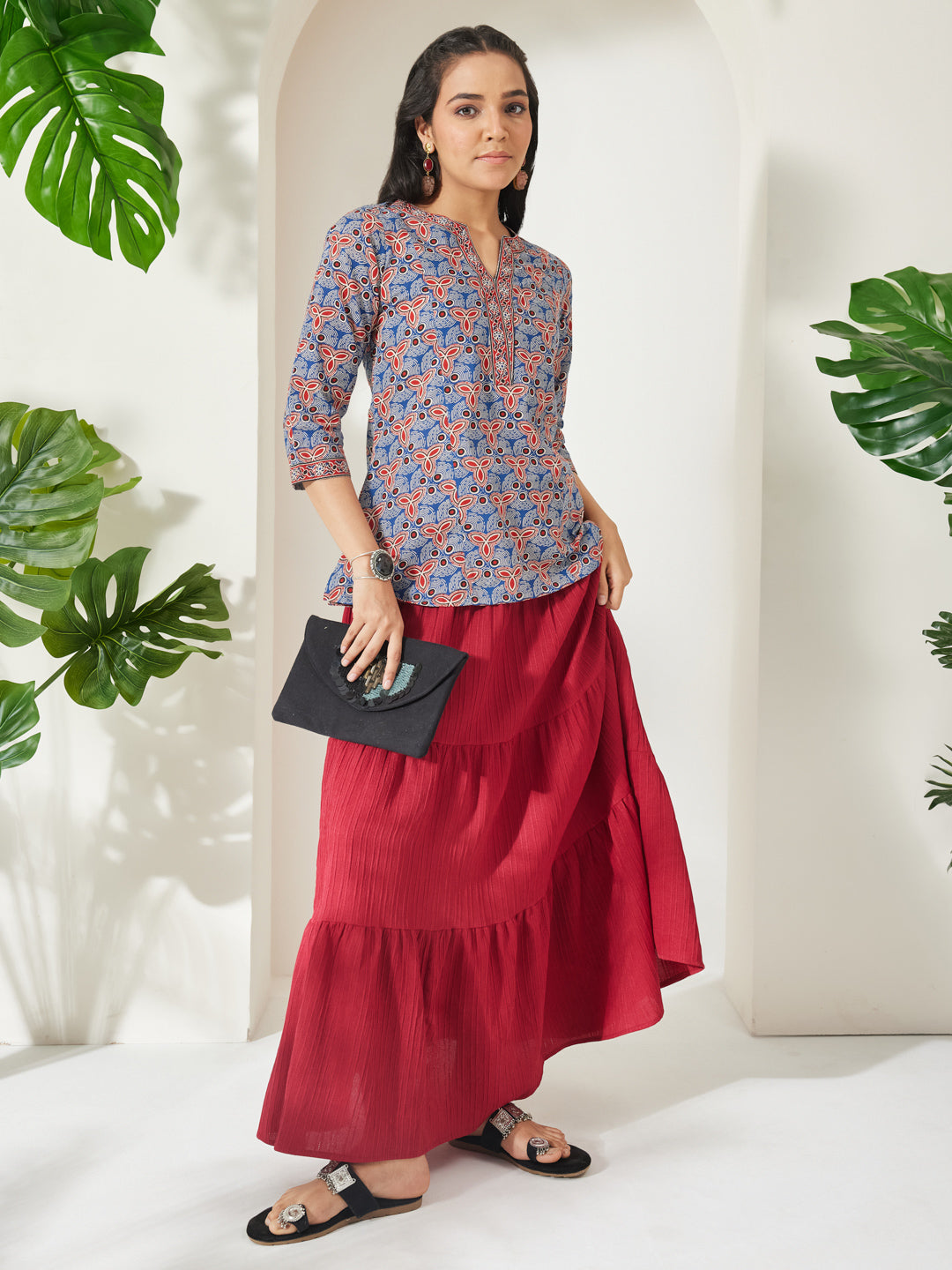 Janasya Blue A-Line Cotton Top | Grocsy