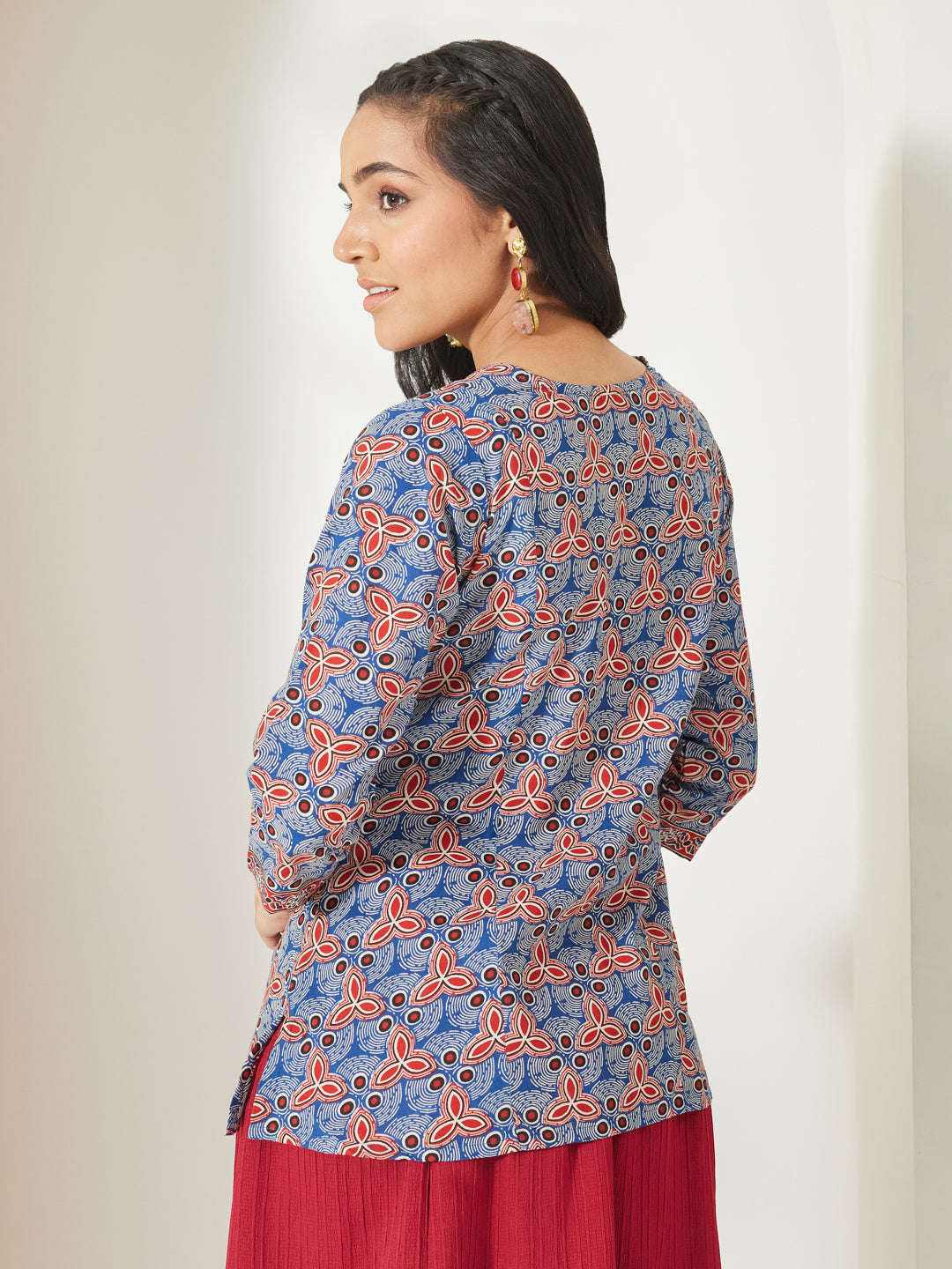 Janasya Blue A-Line Cotton Top | Grocsy