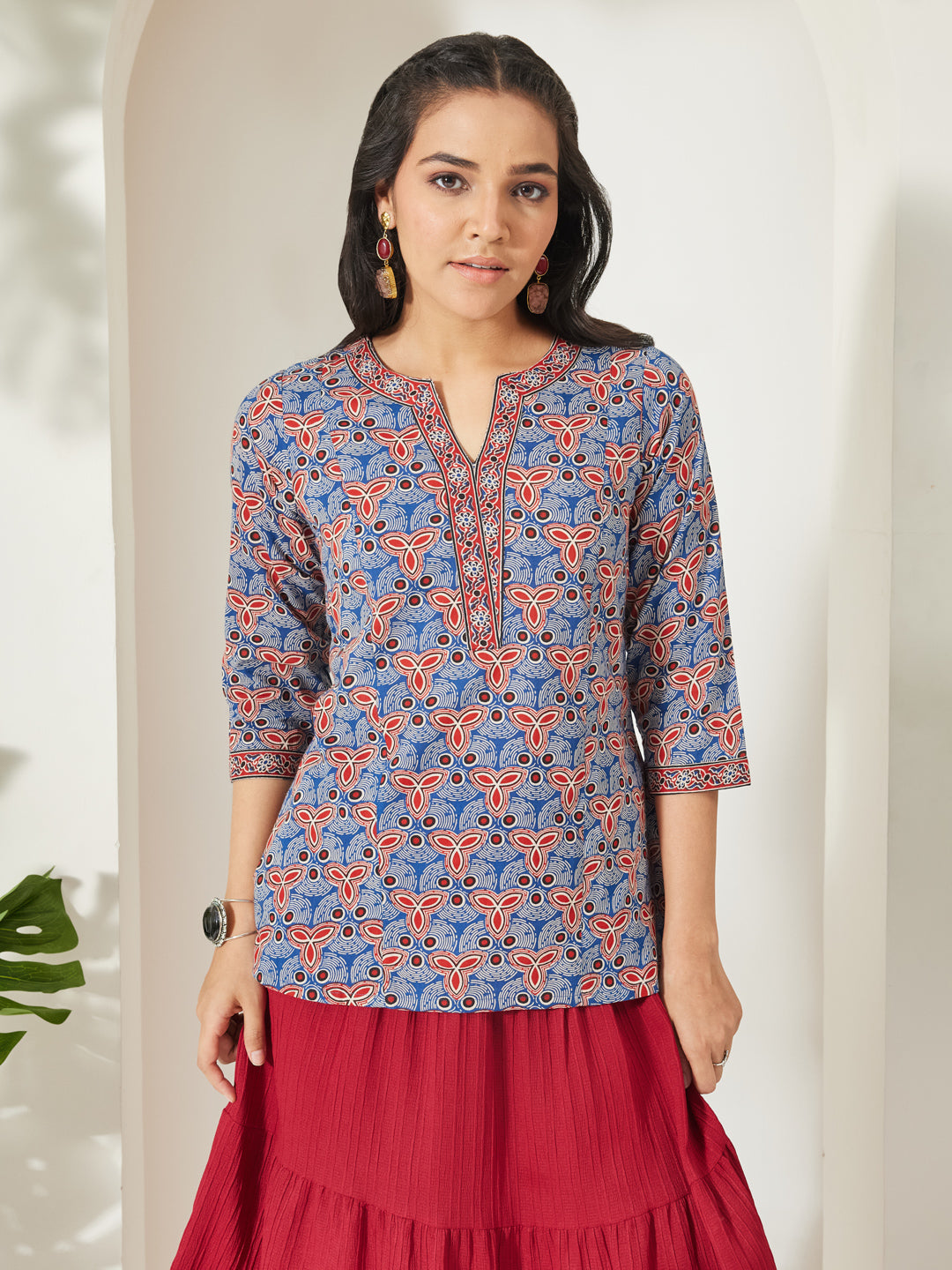 Janasya Blue A-Line Cotton Top | Grocsy