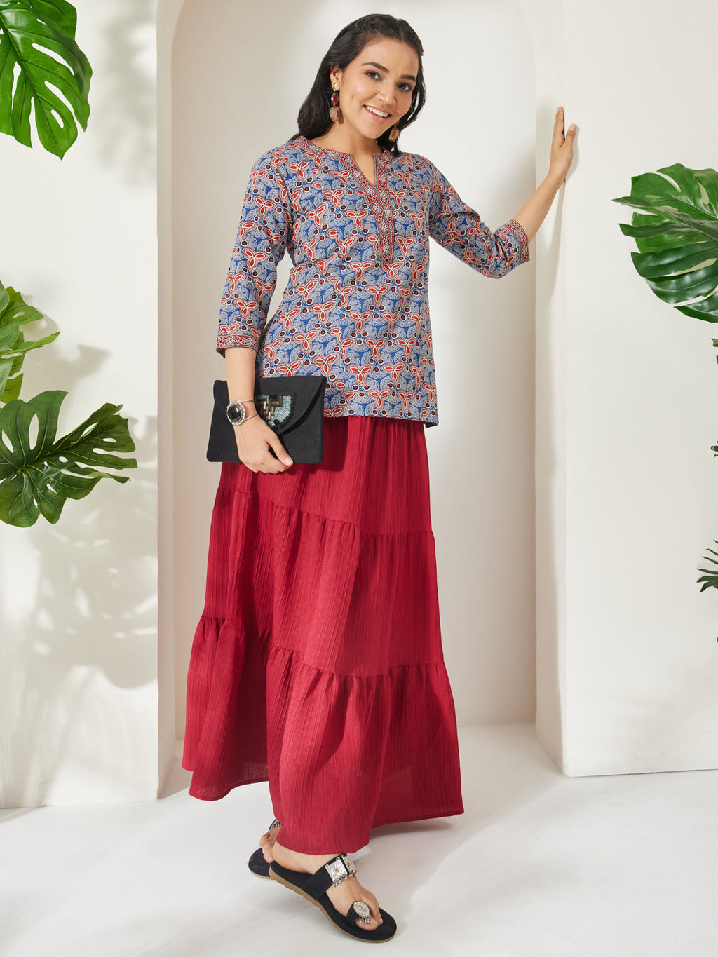 Janasya Blue A-Line Cotton Top | Grocsy