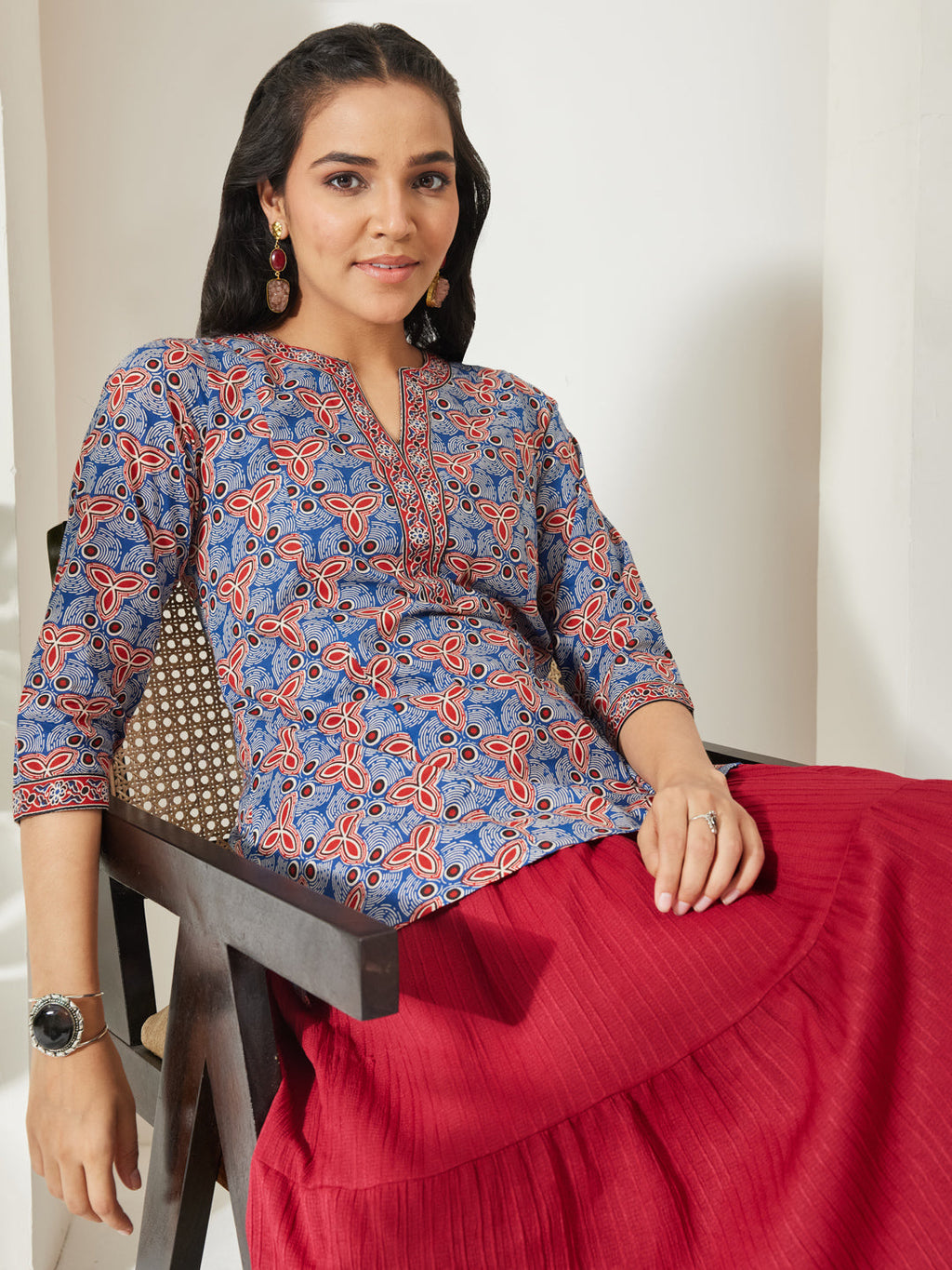 Janasya Blue A-Line Cotton Top | Grocsy
