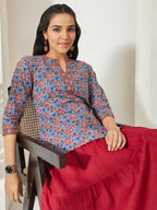 Janasya Blue A-Line Cotton Top | Grocsy