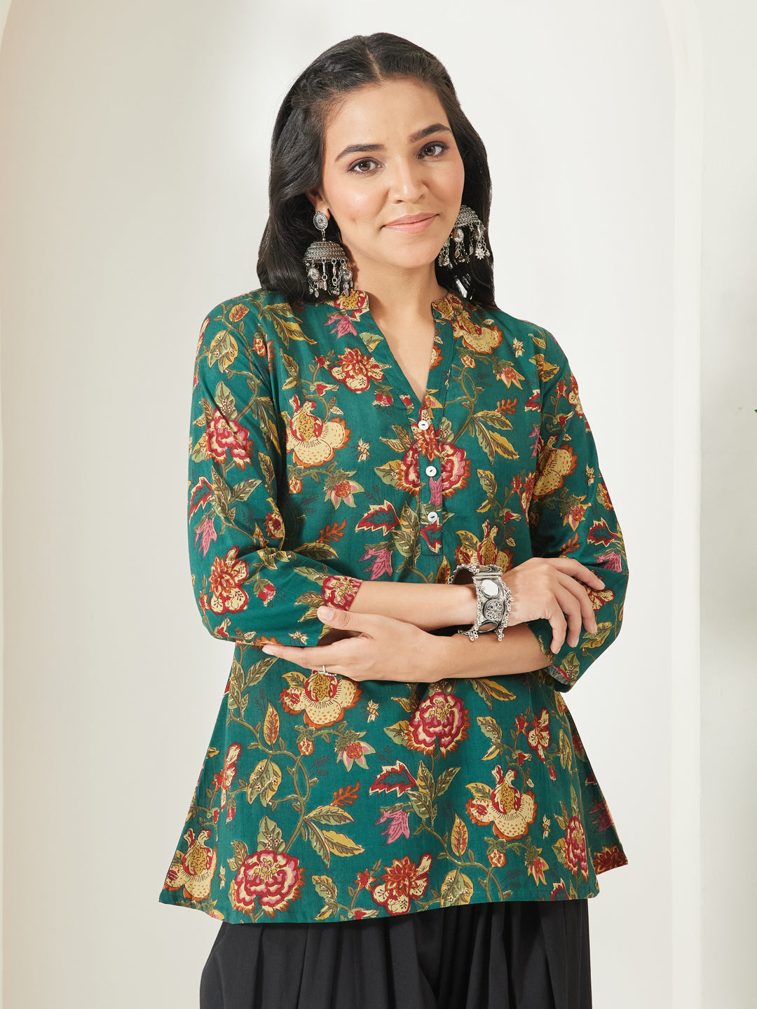 Janasya Green A-Line Cotton Top | Grocsy
