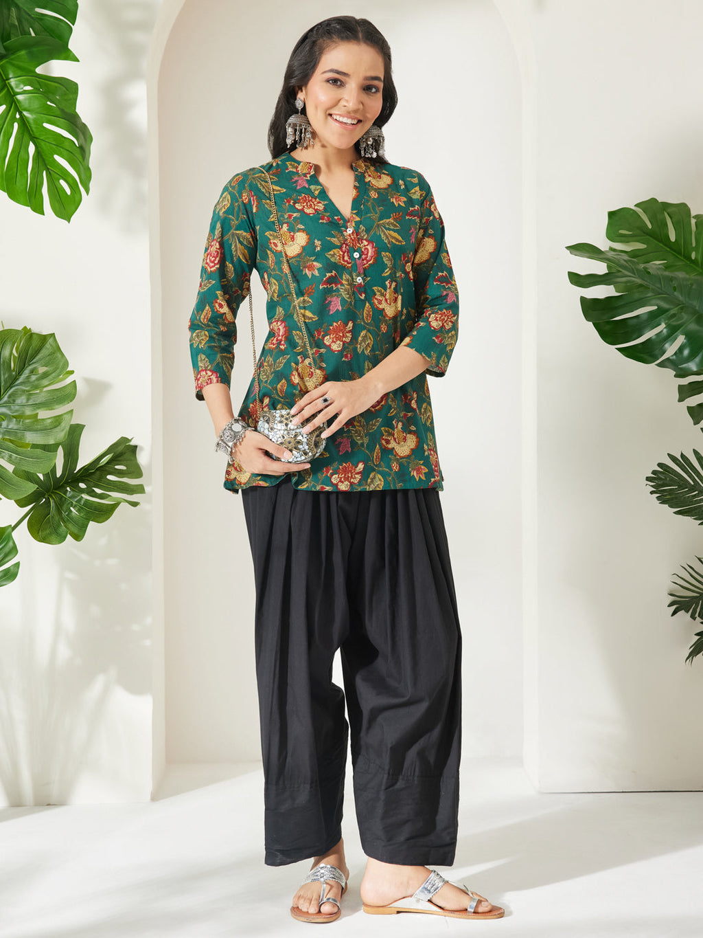 Janasya Green A-Line Cotton Top | Grocsy