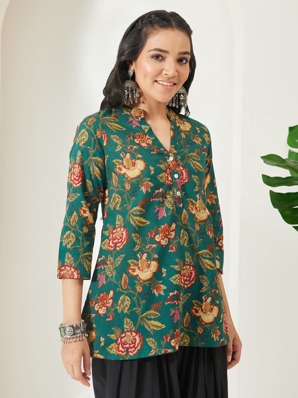 Janasya Green A-Line Cotton Top | Grocsy