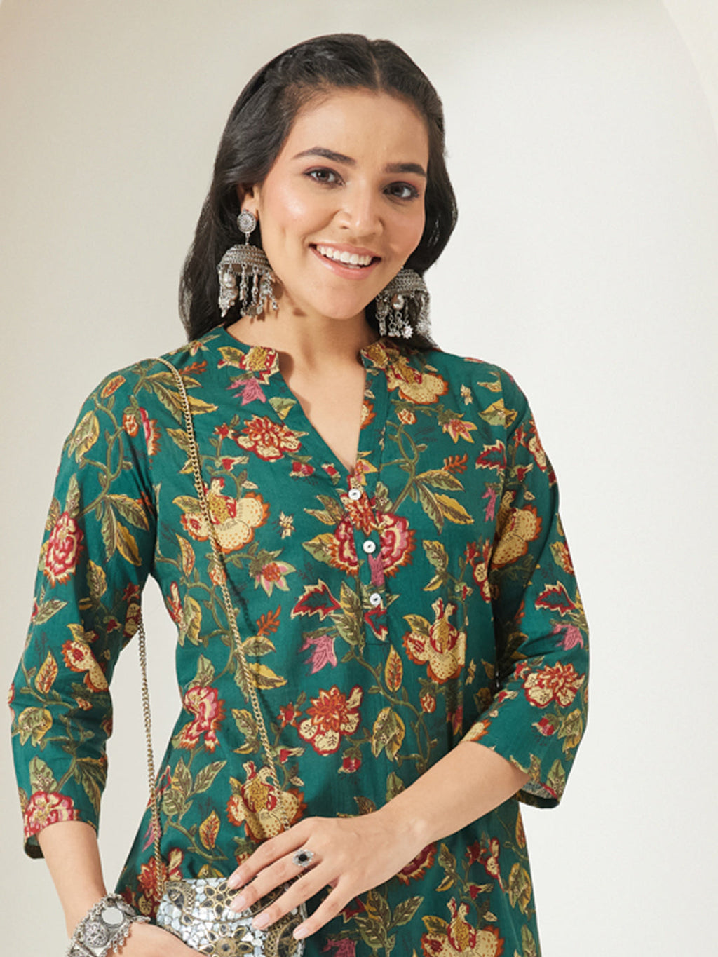 Janasya Green A-Line Cotton Top | Grocsy