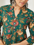 Janasya Green A-Line Cotton Top | Grocsy