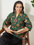 Janasya Green A-Line Cotton Top | Grocsy