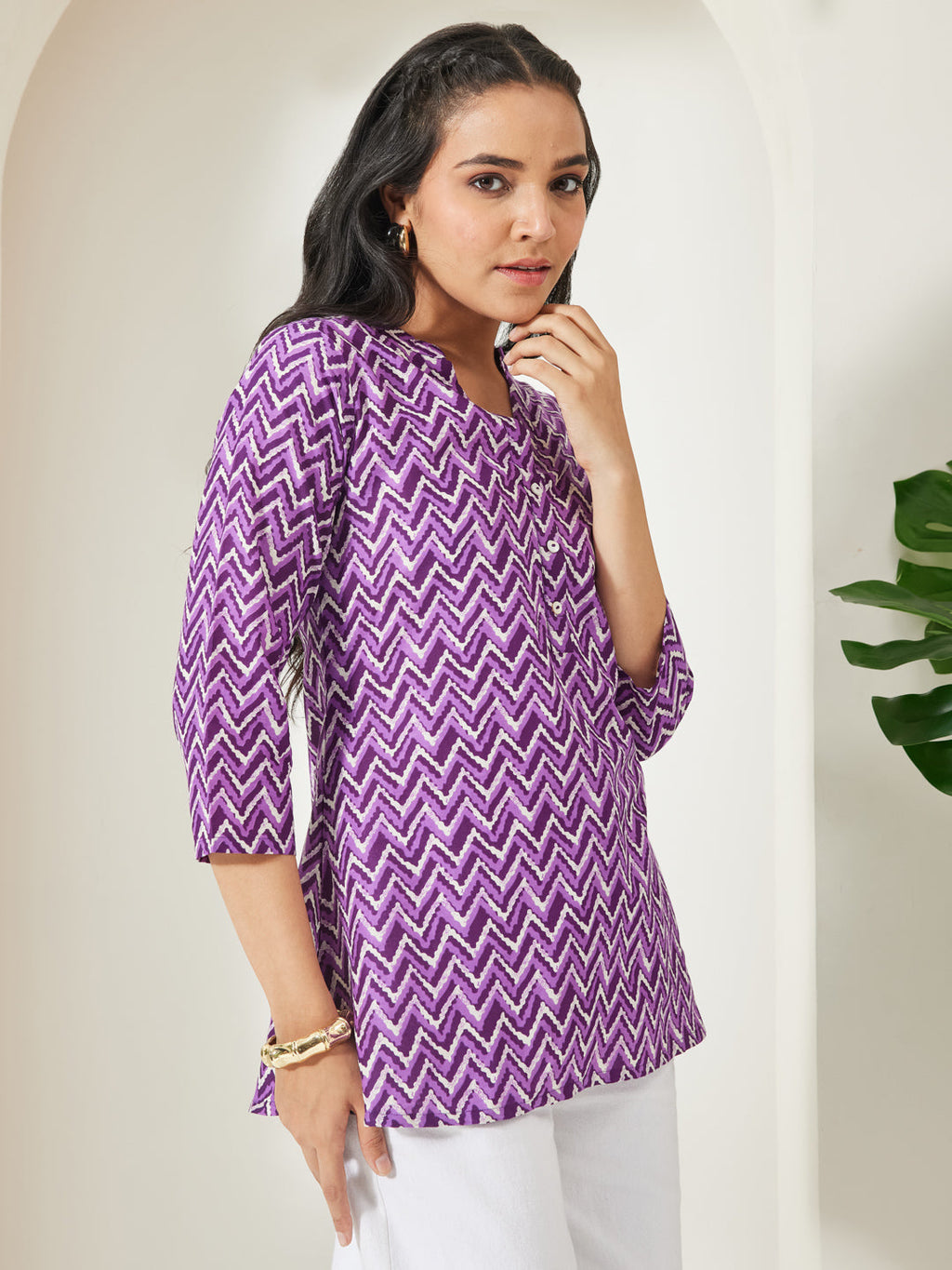 Janasya Purple A-Line Cotton Top | Grocsy