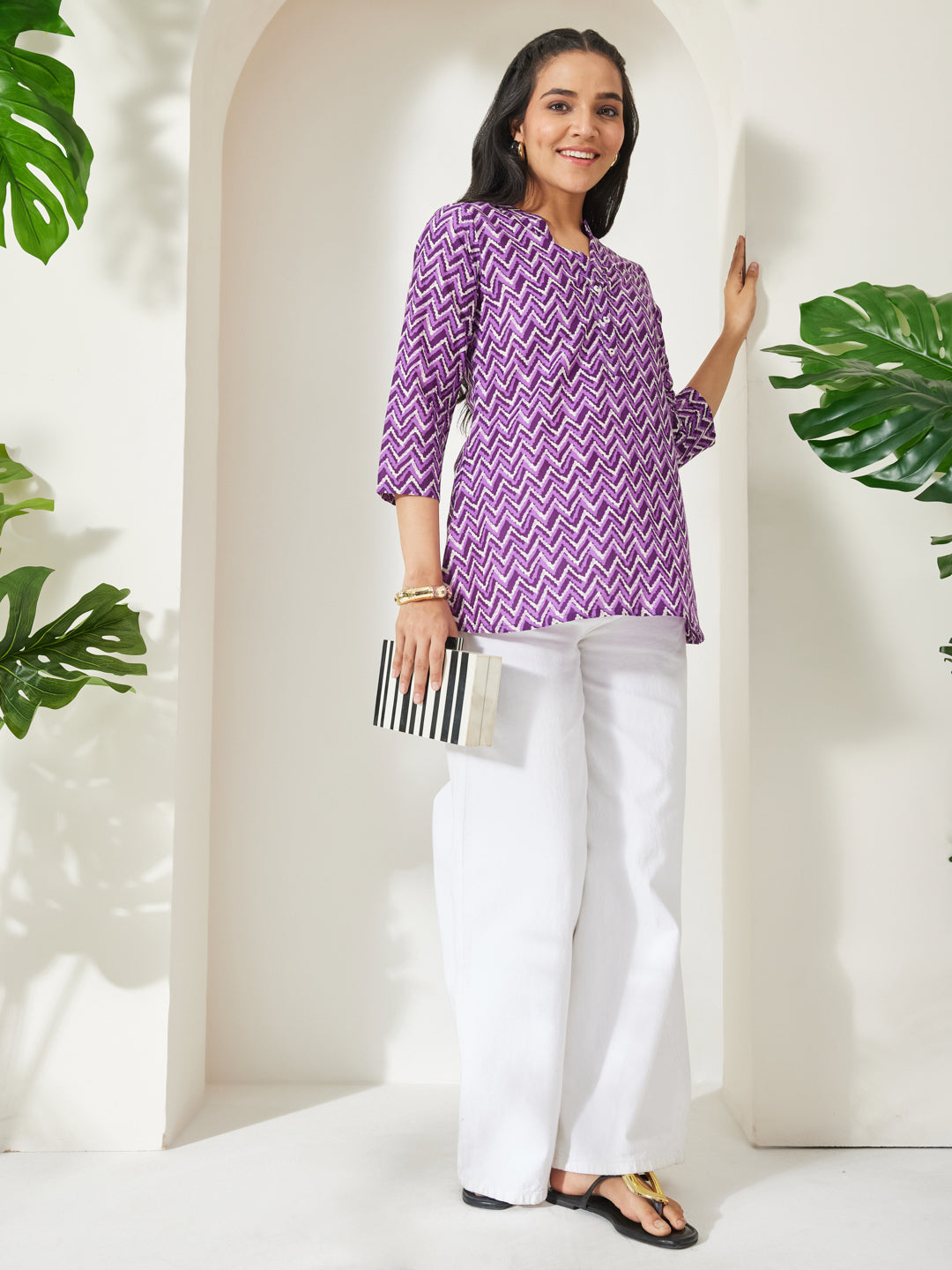 Janasya Purple A-Line Cotton Top | Grocsy