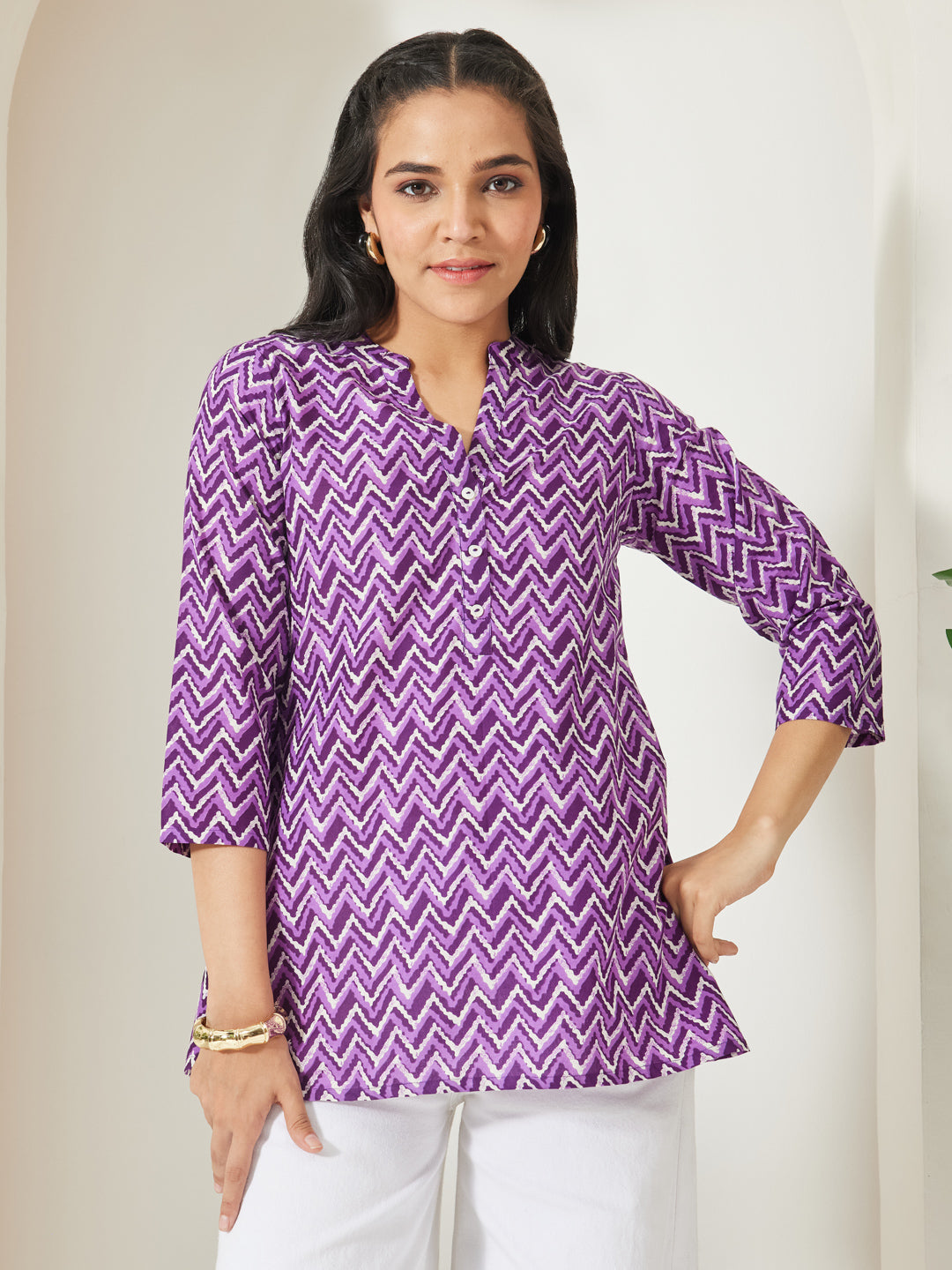 Janasya Purple A-Line Cotton Top | Grocsy