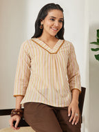 Janasya Cream A-Line Cotton Top | Grocsy