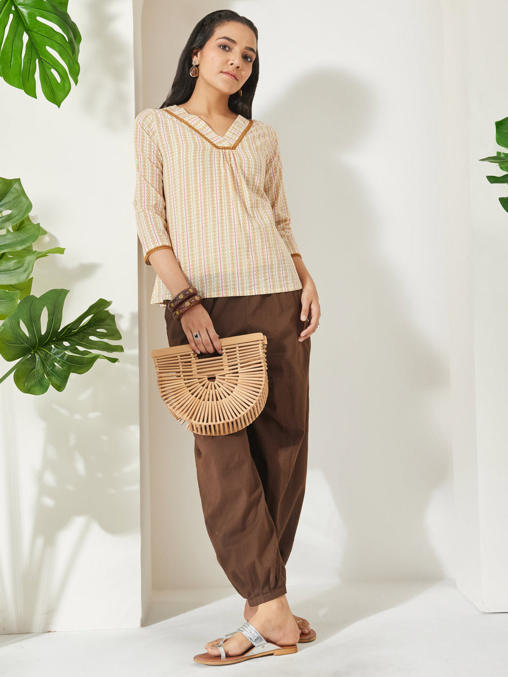 Janasya Cream A-Line Cotton Top | Grocsy