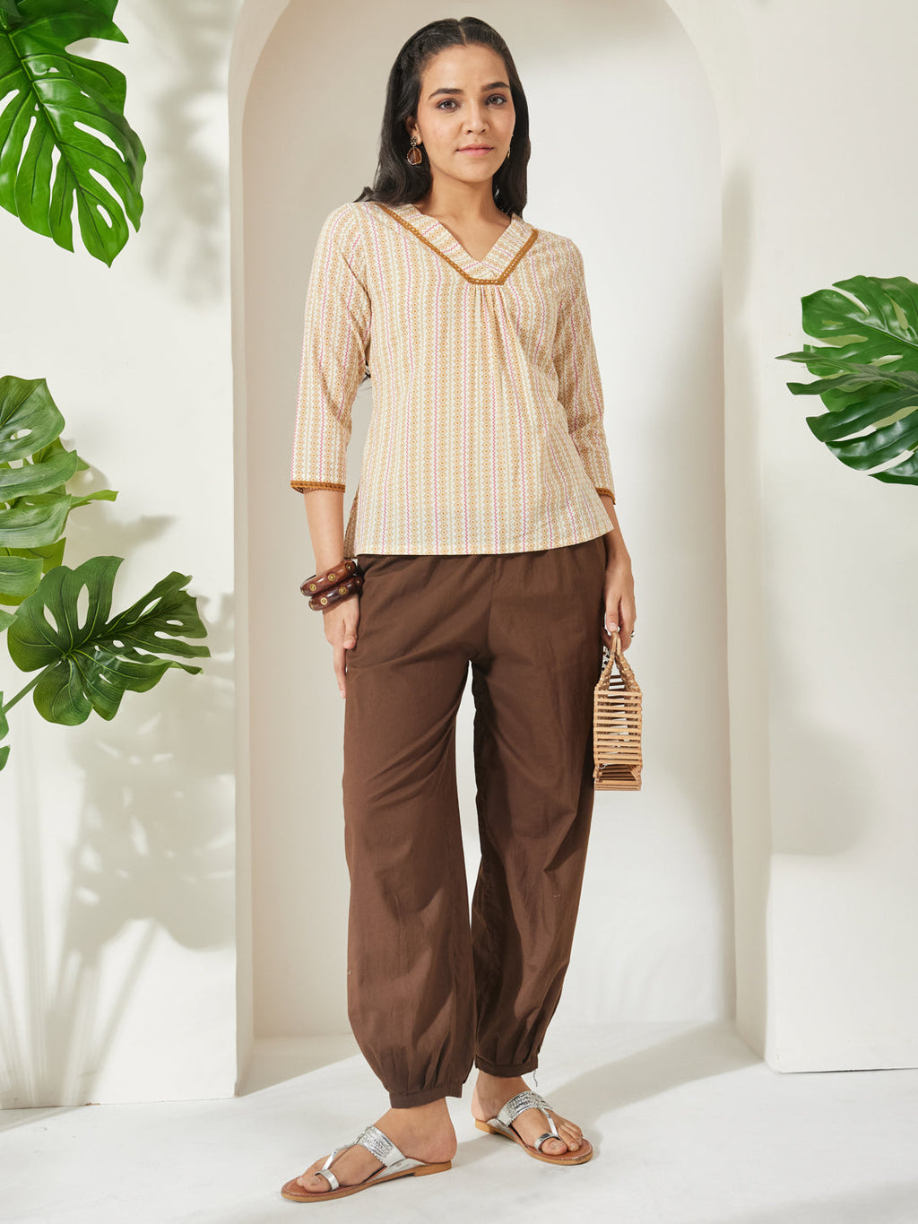 Janasya Cream A-Line Cotton Top | Grocsy