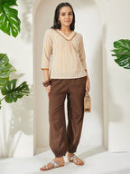 Janasya Cream A-Line Cotton Top | Grocsy