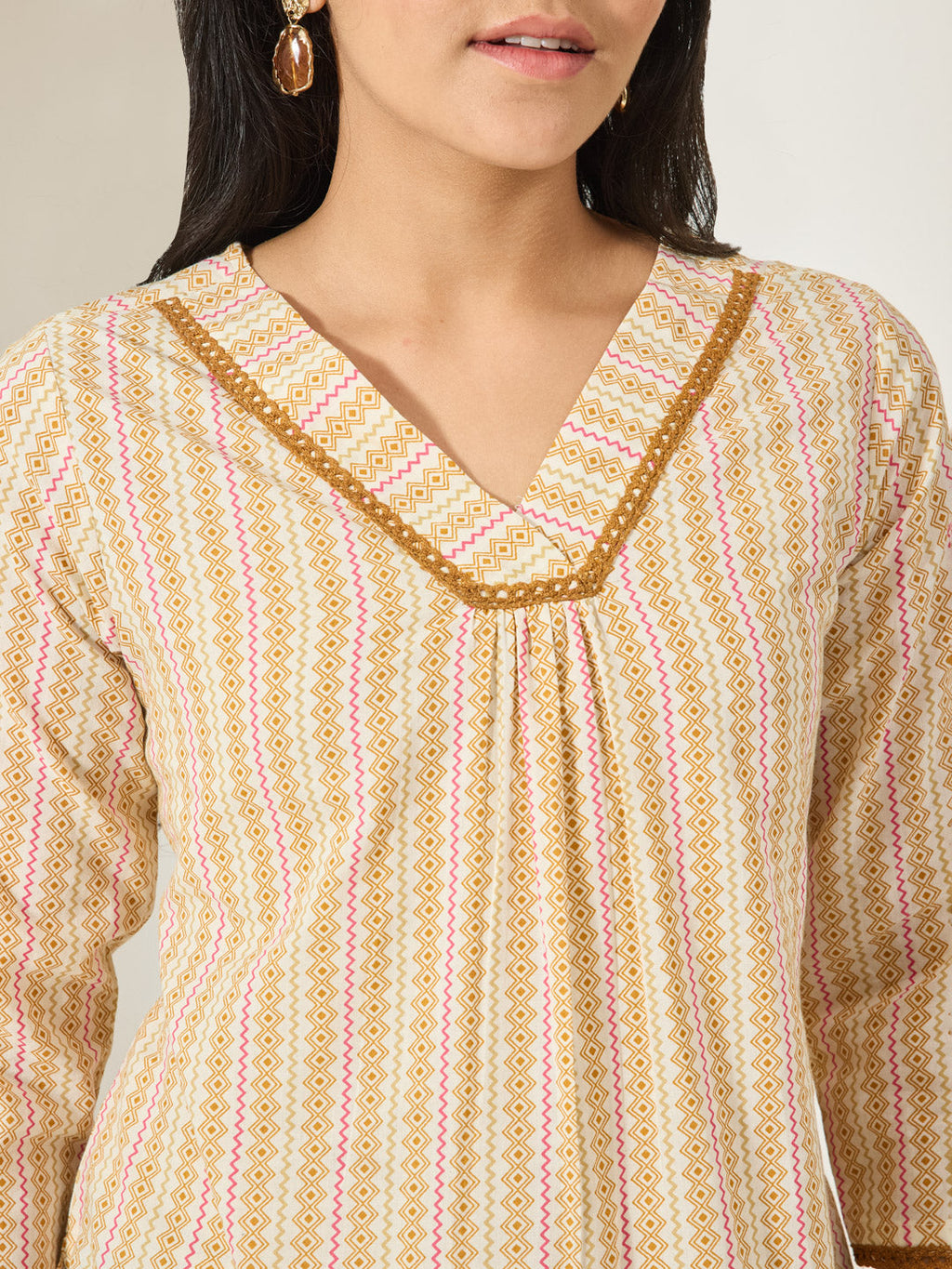 Janasya Cream A-Line Cotton Top | Grocsy