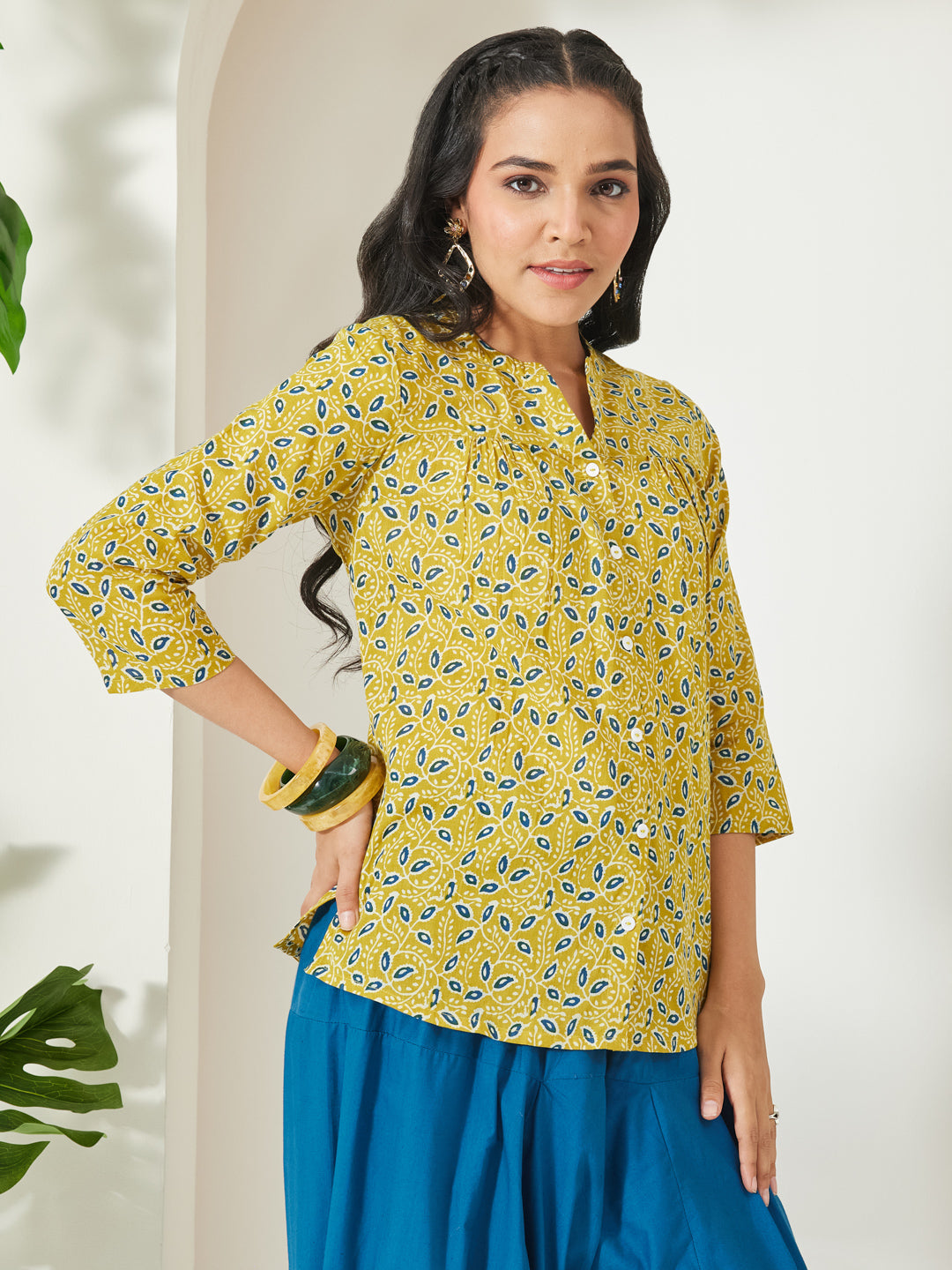 Janasya Lime Green Straight Cotton Top | Grocsy