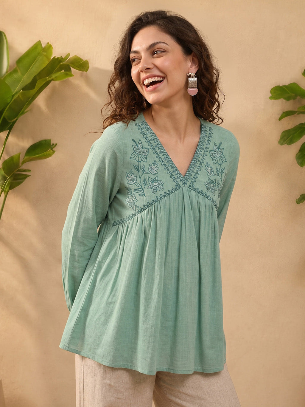 Janasya Aqua A-Line Cotton Top | Grocsy