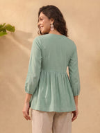 Janasya Aqua A-Line Cotton Top | Grocsy