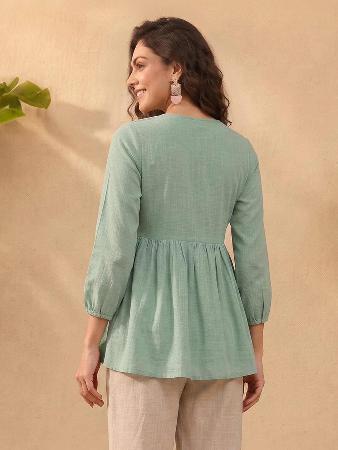 Janasya Aqua A-Line Cotton Top | Grocsy