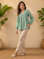 Janasya Aqua A-Line Cotton Top | Grocsy
