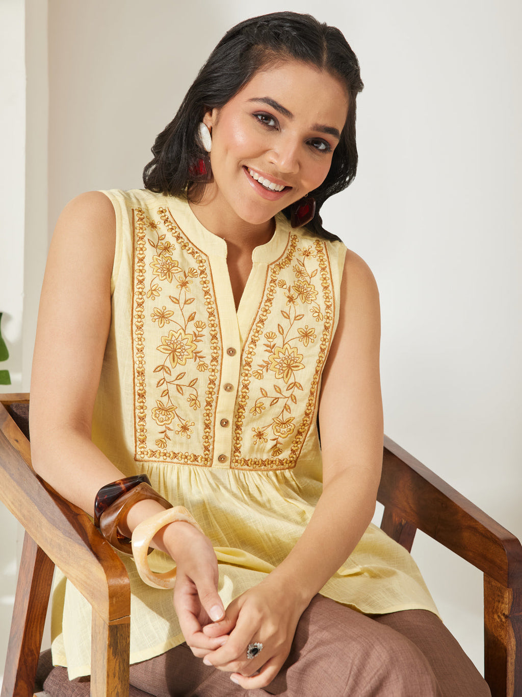 Janasya Yellow A-Line Cotton Top | Grocsy