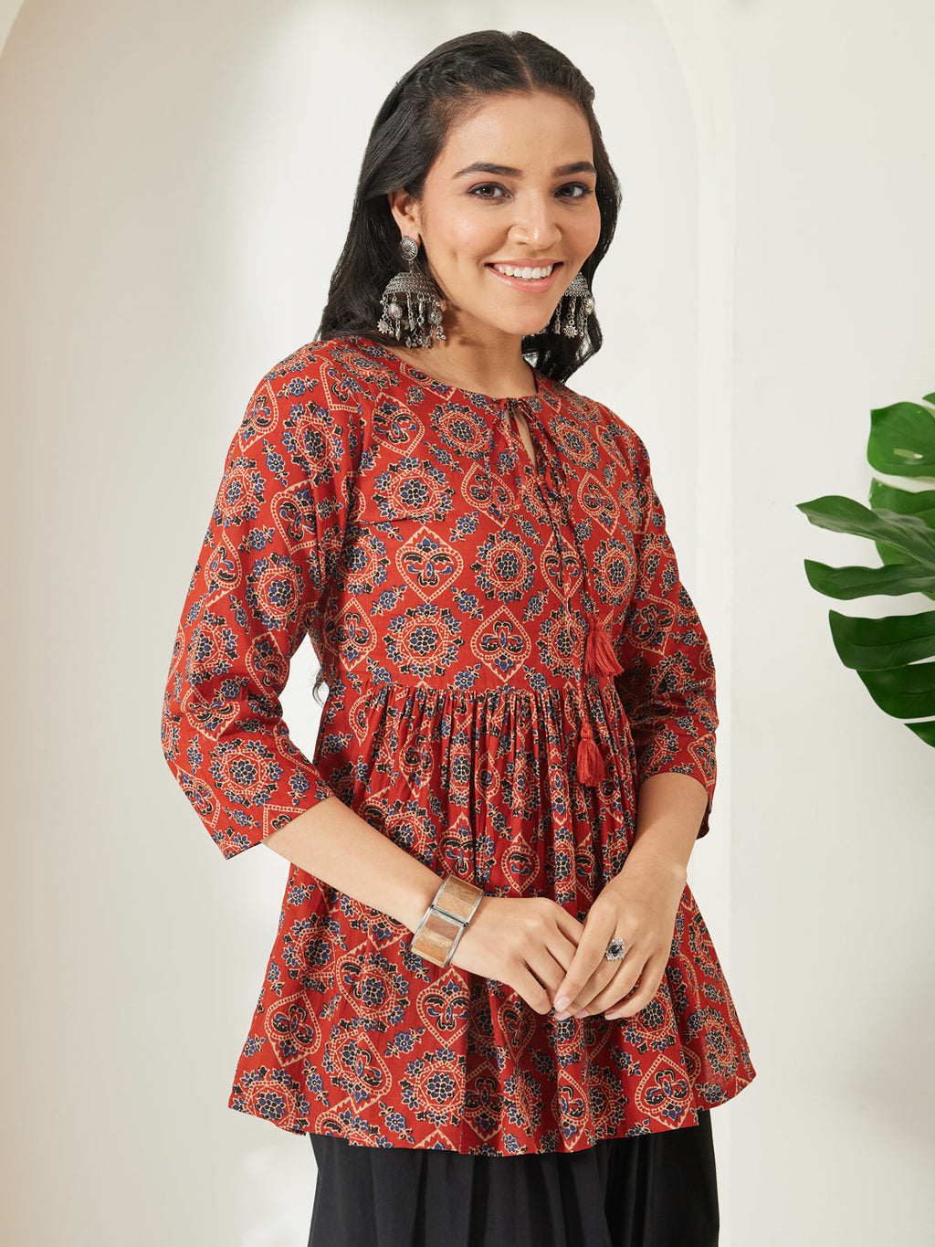Janasya Rust Peplum Cotton Top | Grocsy