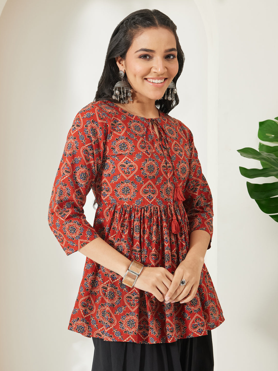 Janasya Rust Peplum Cotton Top | Grocsy