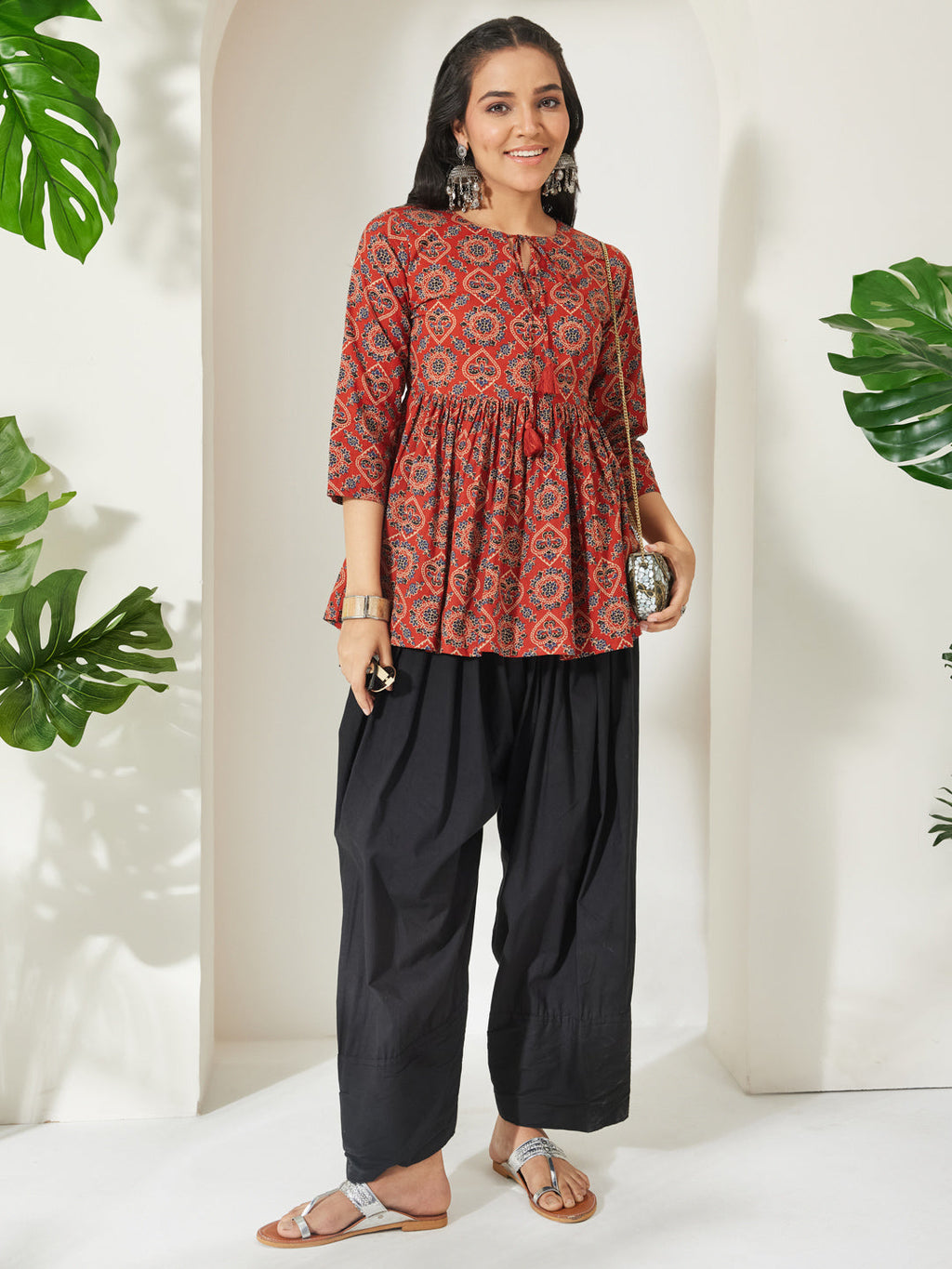 Janasya Rust Peplum Cotton Top | Grocsy