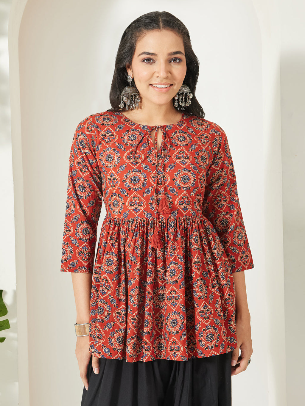 Janasya Rust Peplum Cotton Top | Grocsy