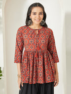 Janasya Rust Peplum Cotton Top | Grocsy